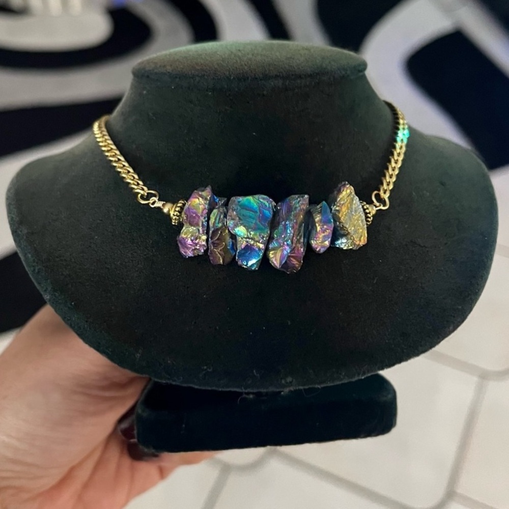 Genuine rainbow titanium aura druzy quartz stones gold steel boho stone necklace